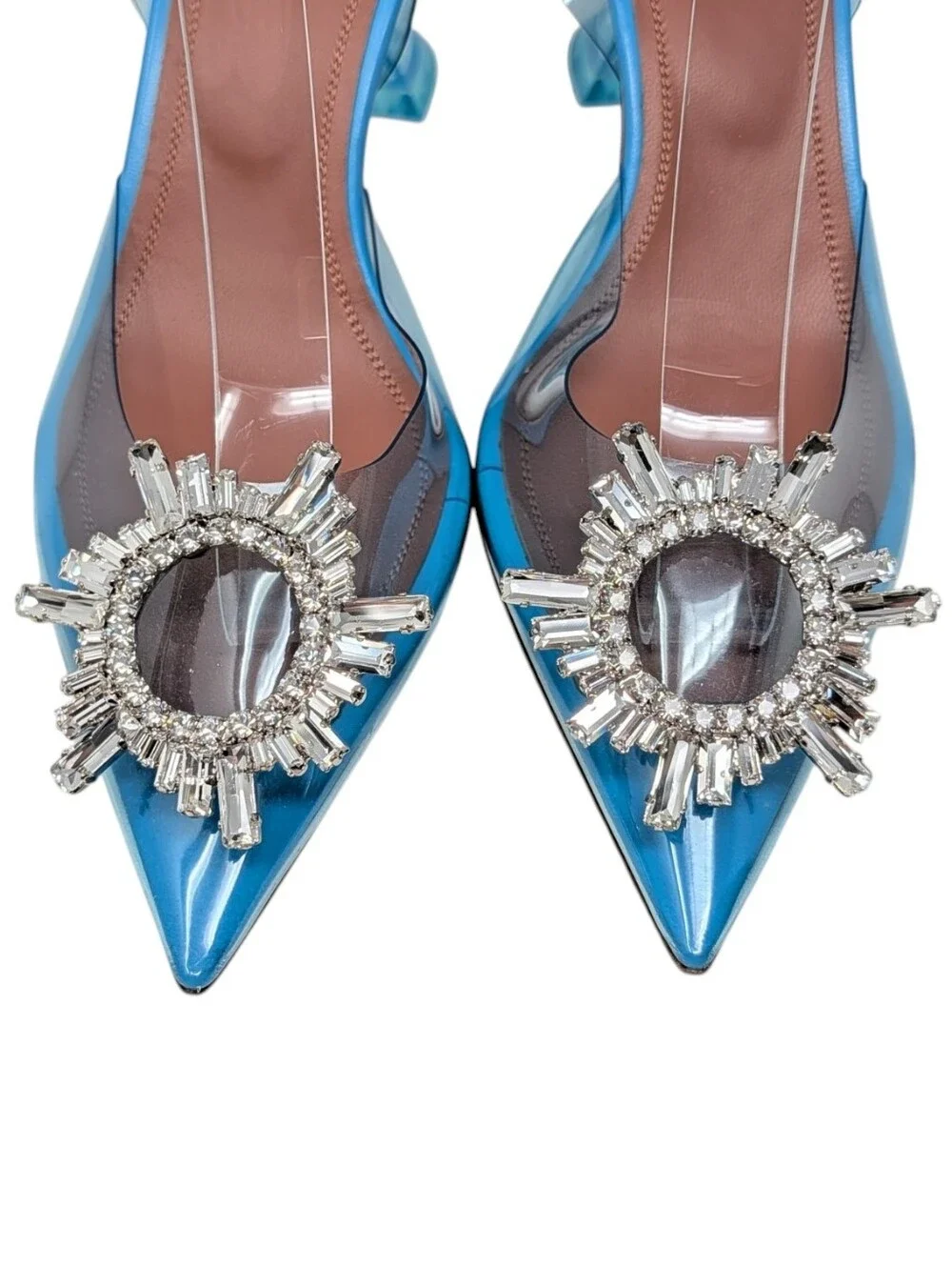 Amina Muaddi Begum PVC Plexi Glass Slingback Sky Blue 70mm Heel Size EU 39